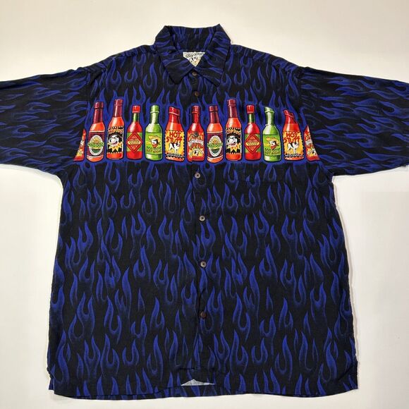 Big Dogs Shirt Adult Large Button Up Hot Sauce Flames Hawaiian Short Sleeve Mens - Picture 2 of 12